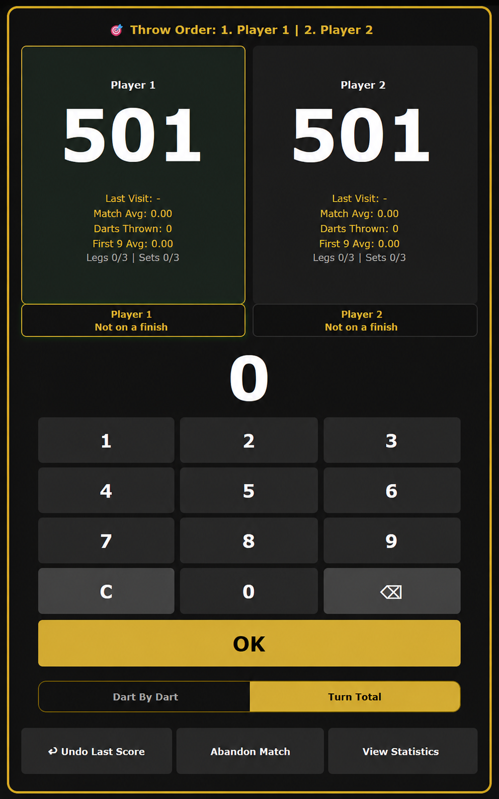 Quadro Darts Main Screen